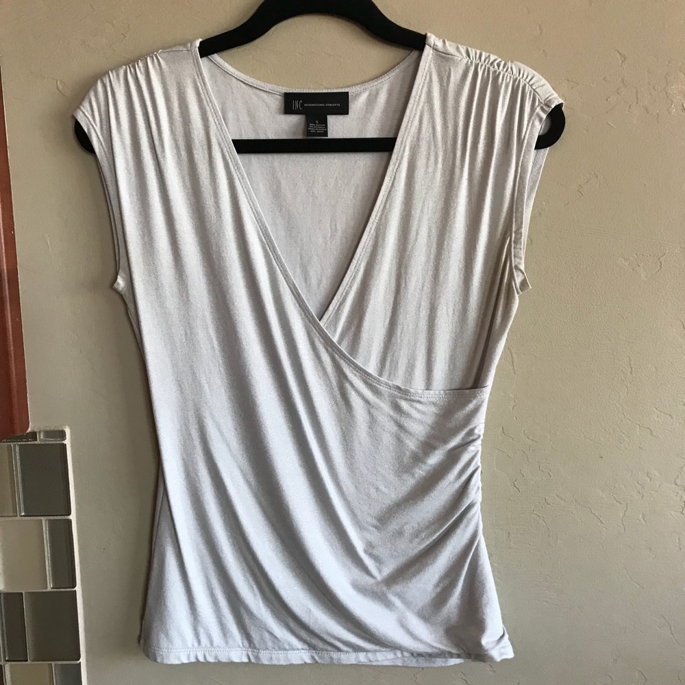 INC faux wrap silvery shimmer top